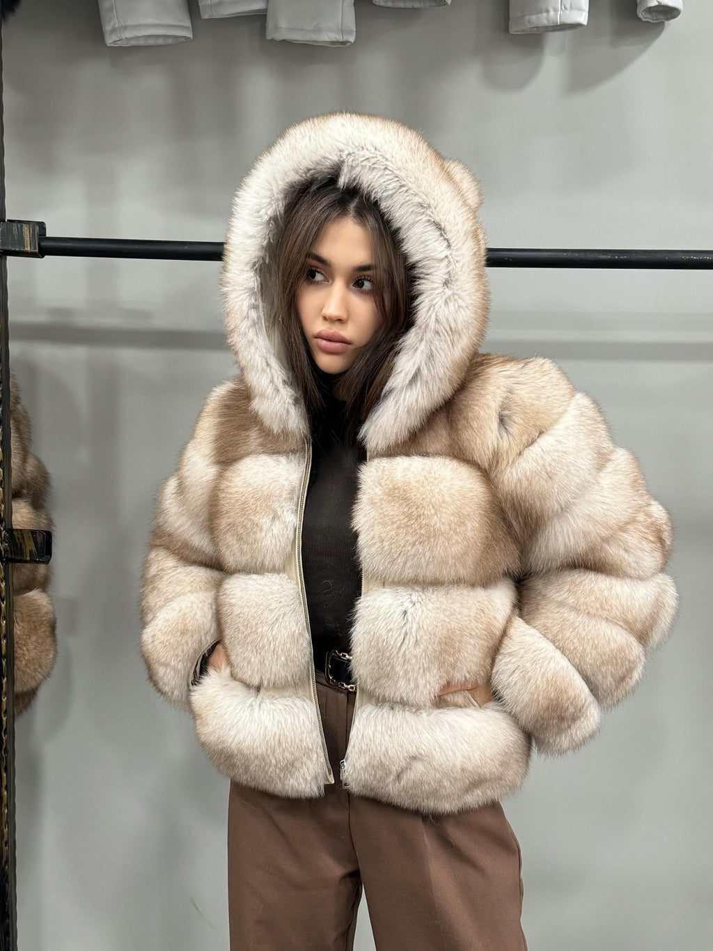 Women’s Beige Fox Fur Jacket, Luxury Hooded Short Fox Fur Coat