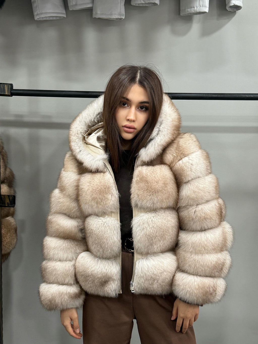 Women’s Beige Fox Fur Jacket, Luxury Hooded Short Fox Fur Coat