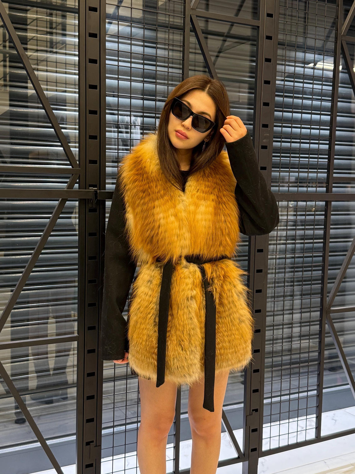 Women’s Black Cashmere Coat, Short Front Golden Frost Fox Fur Jacket