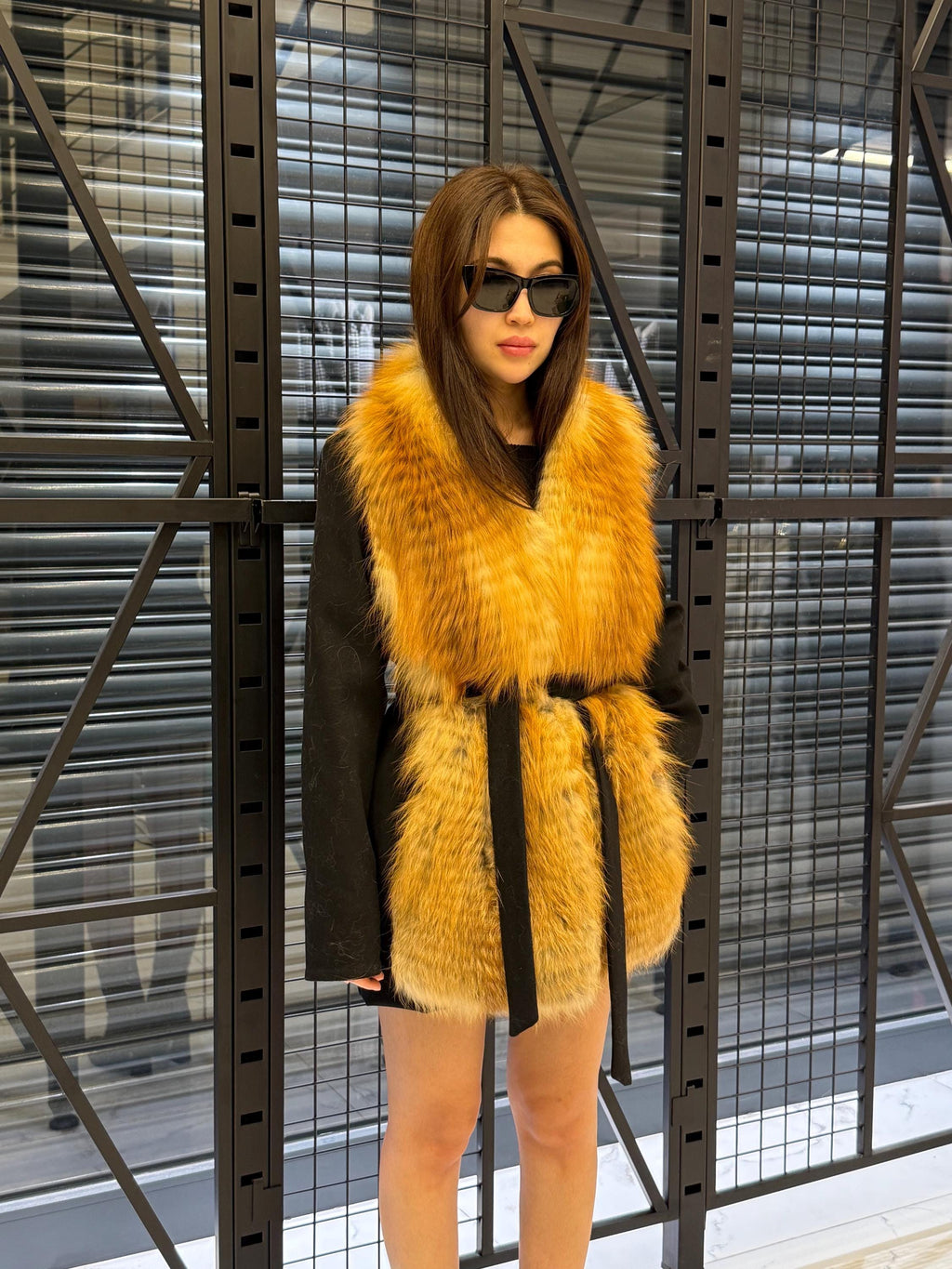 Women’s Black Cashmere Coat, Short Front Golden Frost Fox Fur Jacket