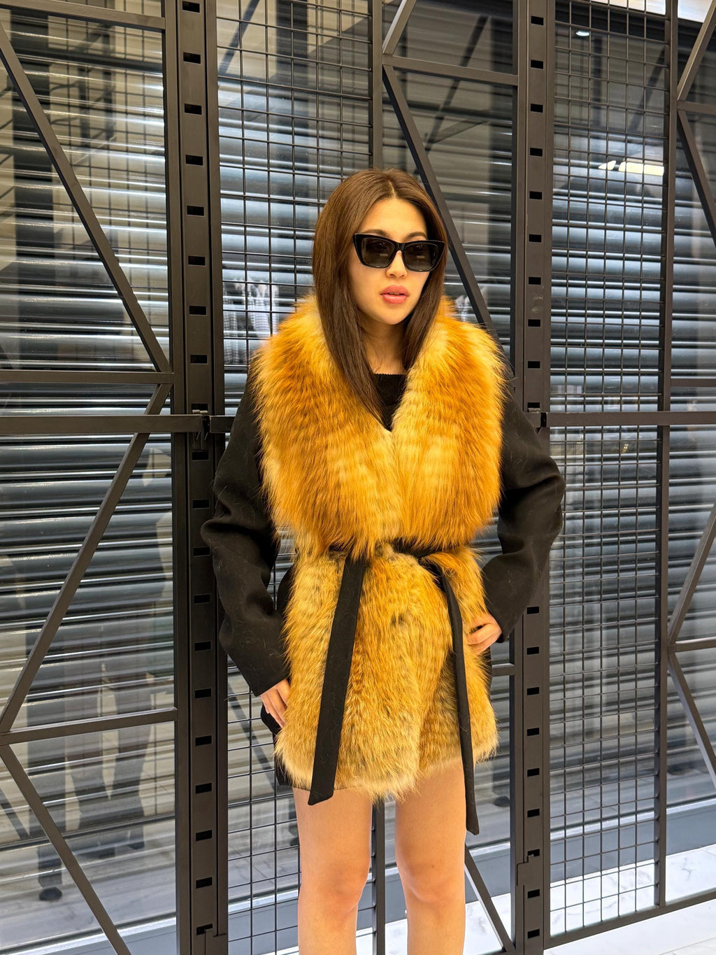 Women’s Black Cashmere Coat, Short Front Golden Frost Fox Fur Jacket