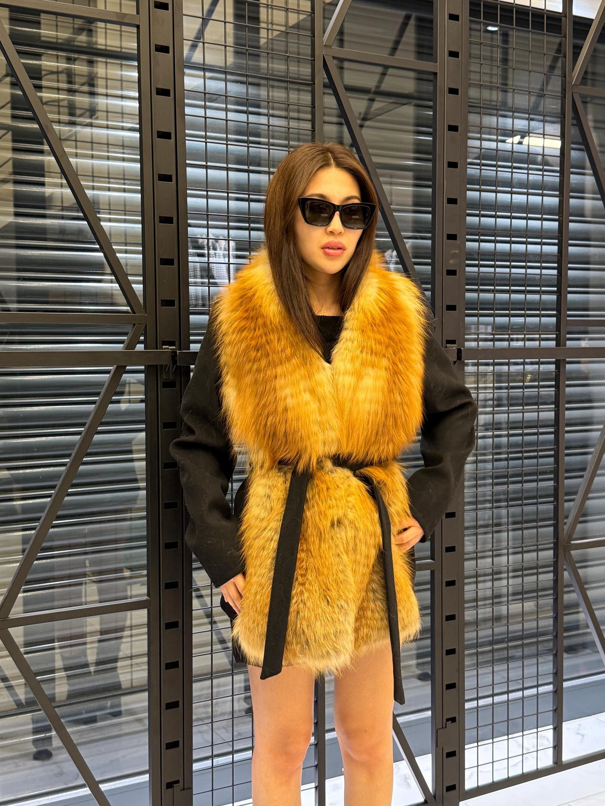 Women’s Black Cashmere Coat, Short Front Golden Frost Fox Fur Jacket