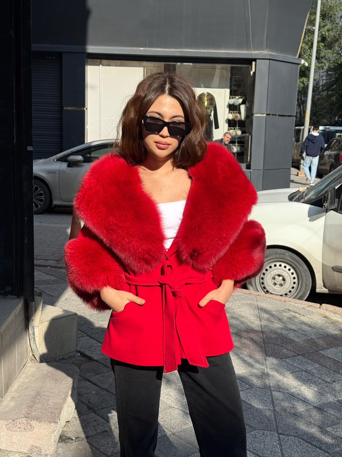Red Cashmere Coat, Hood Cuffs Huge Fox Fur Jacket, Red Fox Fur Jacket..- Women Fox Fur Jacket.. Fox Fur.. Red Christmas Coat