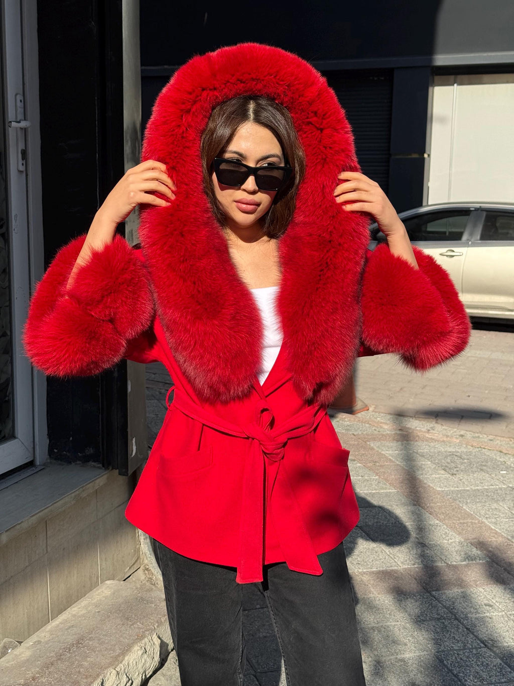 Red Cashmere Coat, Hood Cuffs Huge Fox Fur Jacket, Red Fox Fur Jacket..- Women Fox Fur Jacket.. Fox Fur.. Red Christmas Coat