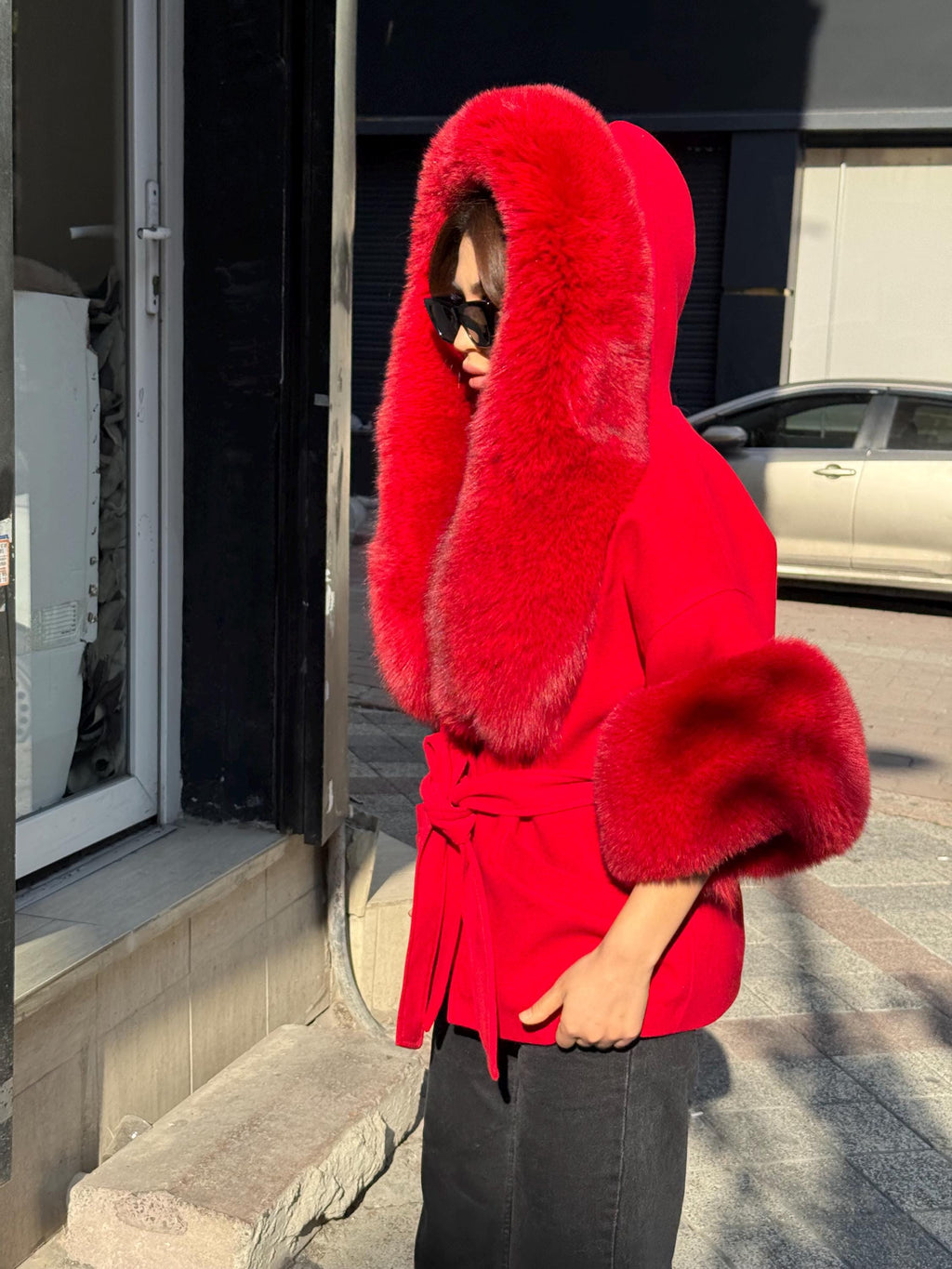 Red Cashmere Coat, Hood Cuffs Huge Fox Fur Jacket, Red Fox Fur Jacket..- Women Fox Fur Jacket.. Fox Fur.. Red Christmas Coat