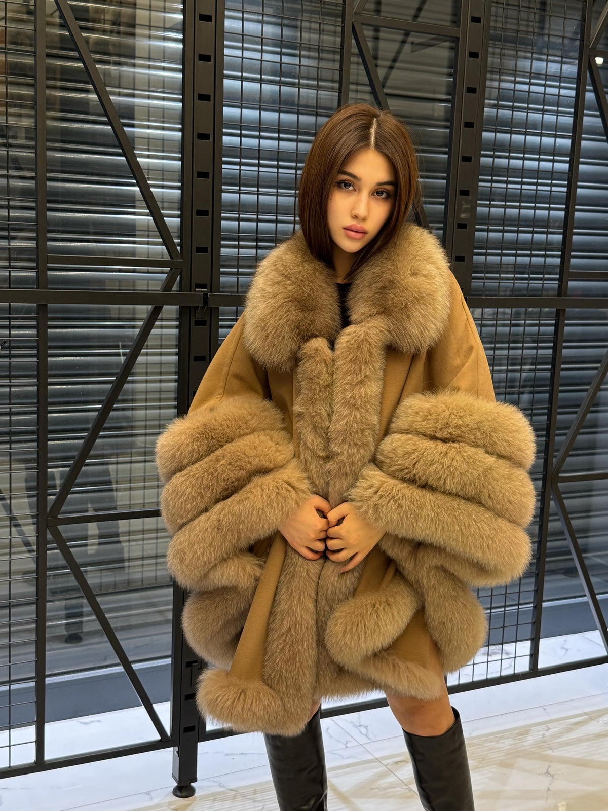 Camel Cashmere Cape With Fur Trim, Women’s Plus Size Shawl- Fox Fur Jacket