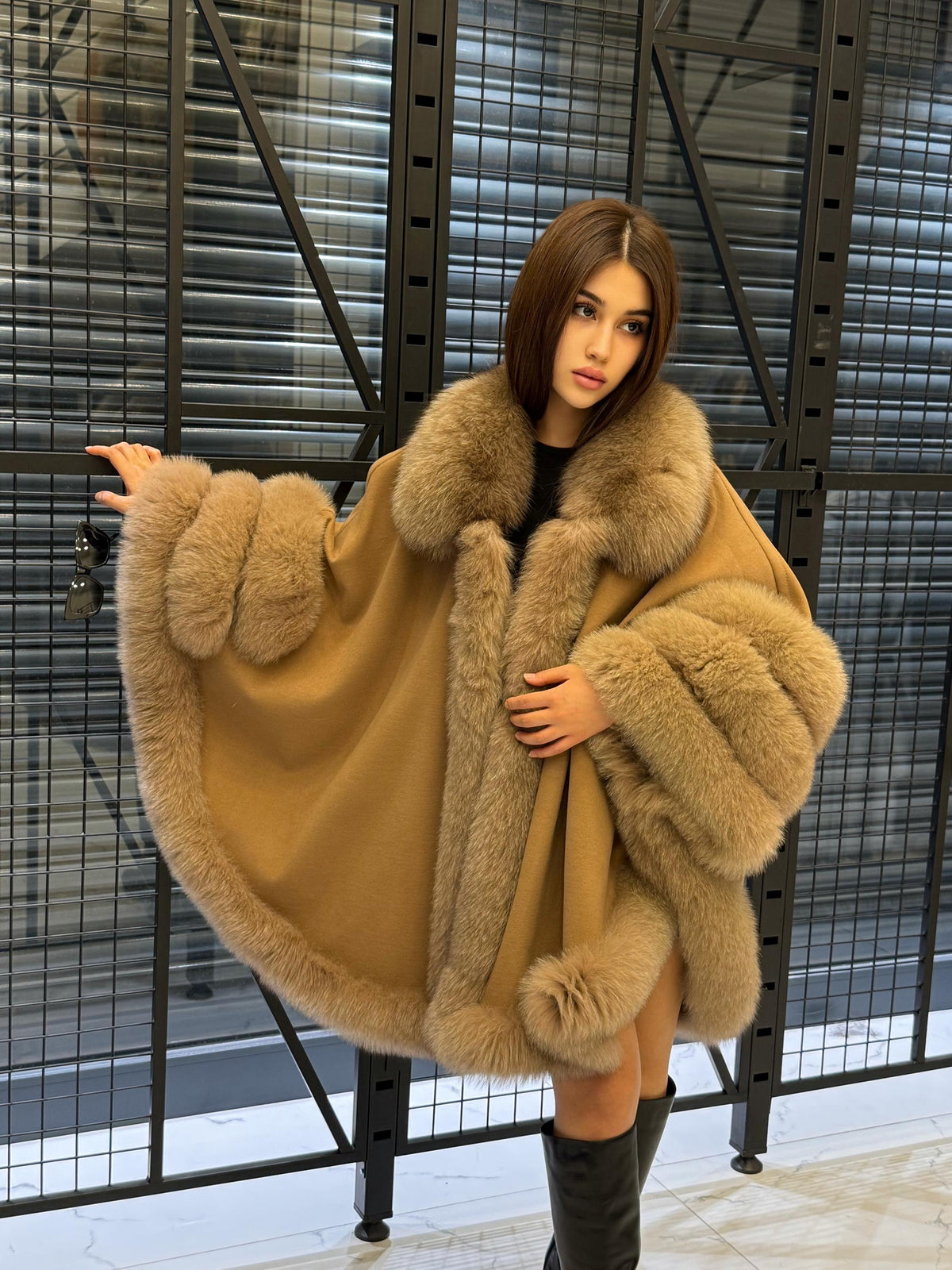 Camel Cashmere Cape With Fur Trim, Women’s Plus Size Shawl- Fox Fur Jacket
