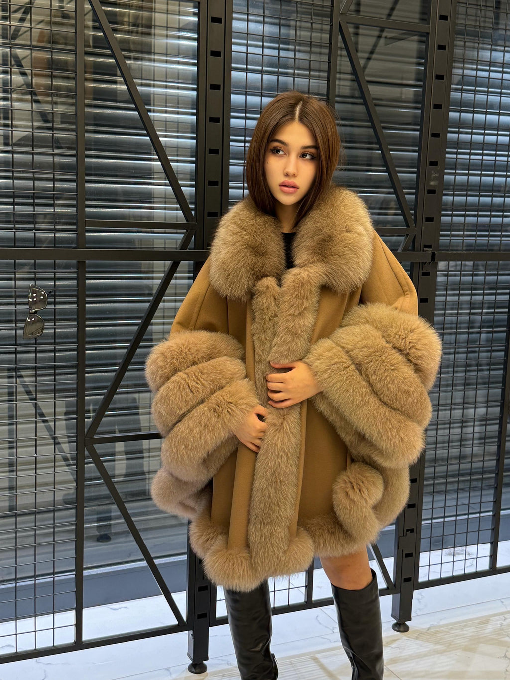 Camel Cashmere Cape With Fur Trim, Women’s Plus Size Shawl- Fox Fur Jacket