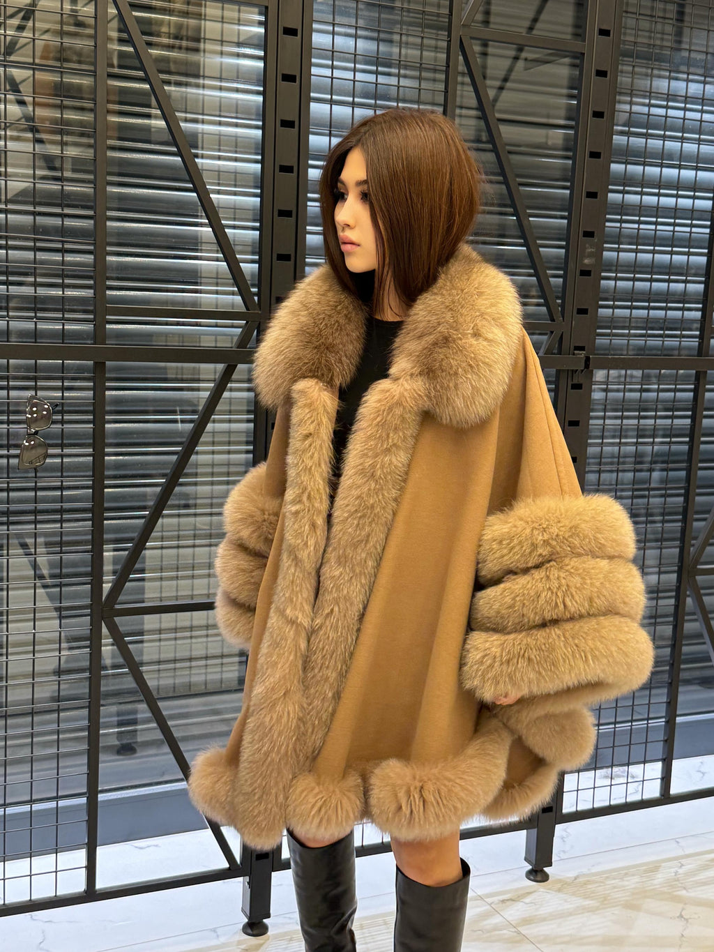 Camel Cashmere Cape With Fur Trim, Women’s Plus Size Shawl- Fox Fur Jacket