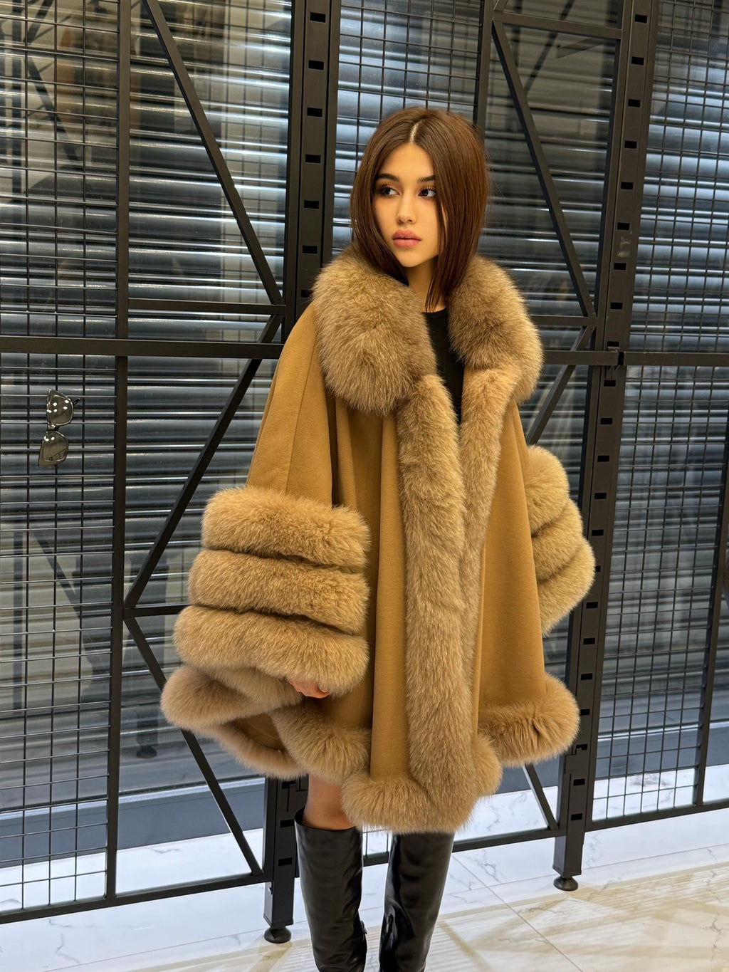 Camel Cashmere Cape With Fur Trim, Women’s Plus Size Shawl- Fox Fur Jacket