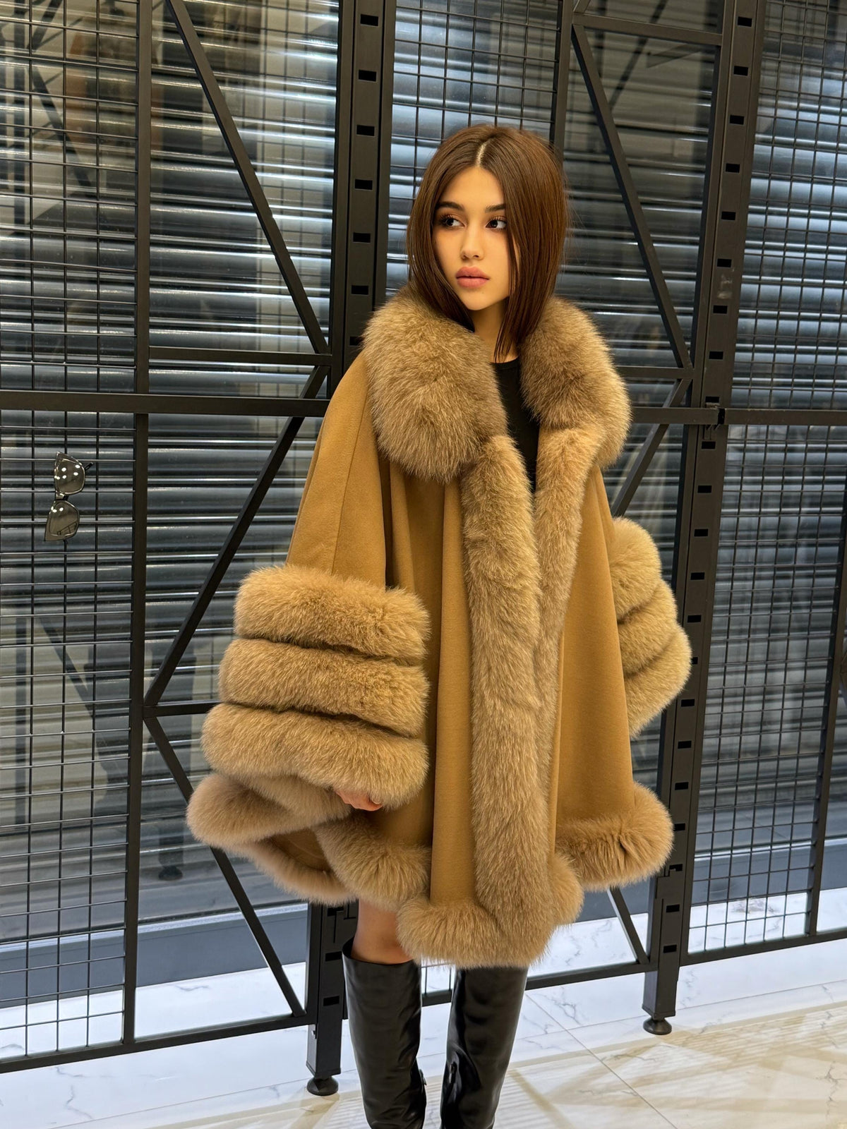 Camel Cashmere Cape With Fur Trim, Women’s Plus Size Shawl- Fox Fur Jacket