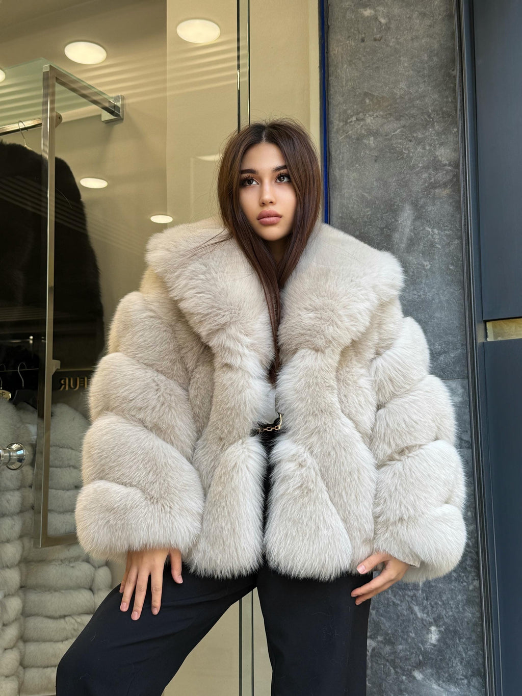 Beige Fox Fur Jacket: Women’s Handmade Short Fur Coat