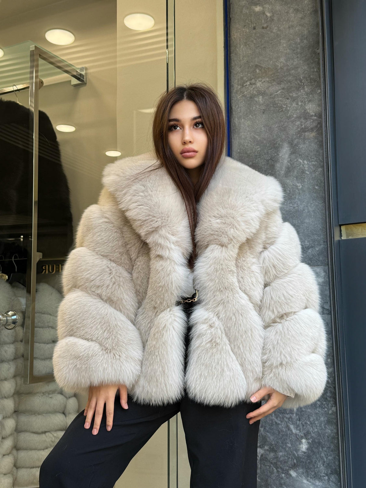 Beige Fox Fur Jacket: Women’s Handmade Short Fur Coat