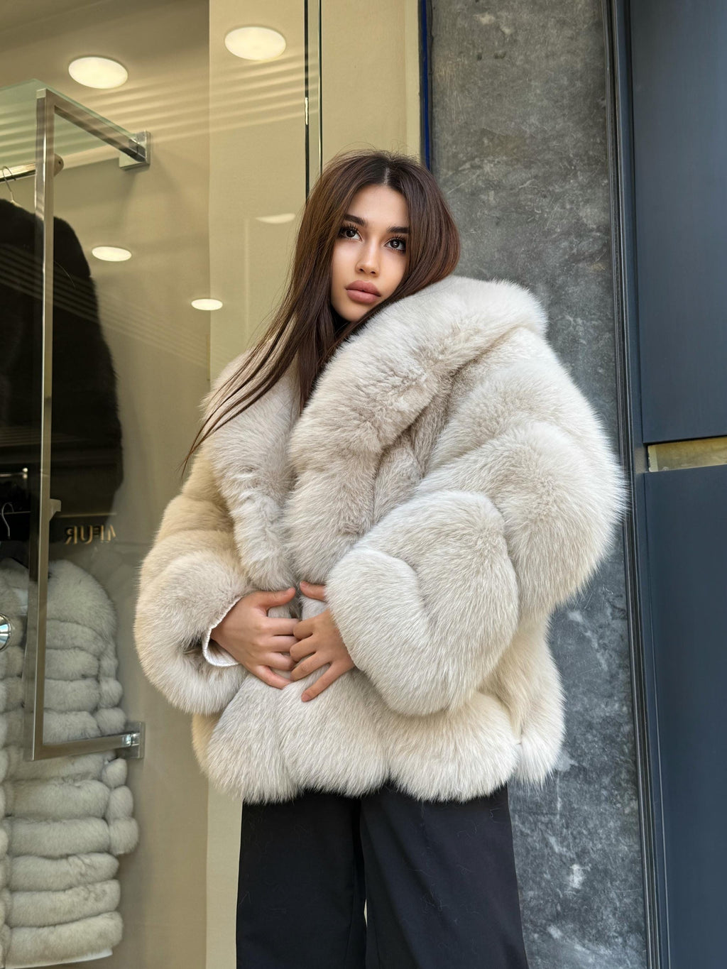 Beige Fox Fur Jacket: Women’s Handmade Short Fur Coat