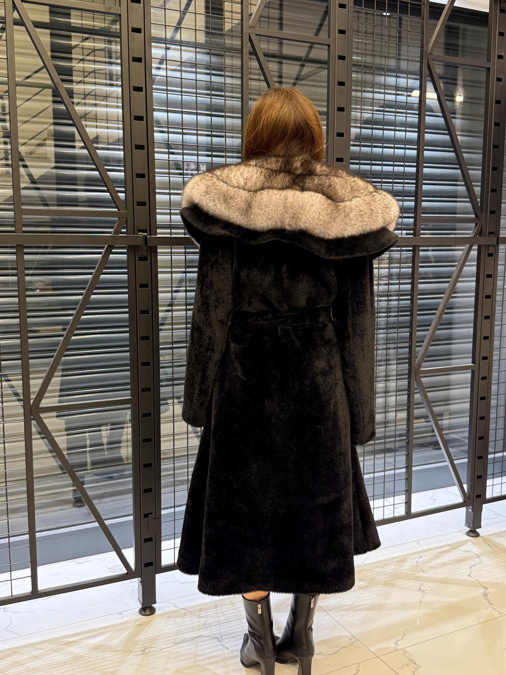 Black Long Alcantara Flared Coat, Collar Fox Fur Jacket, Women Fox Fur Jacket.. Fox Fur