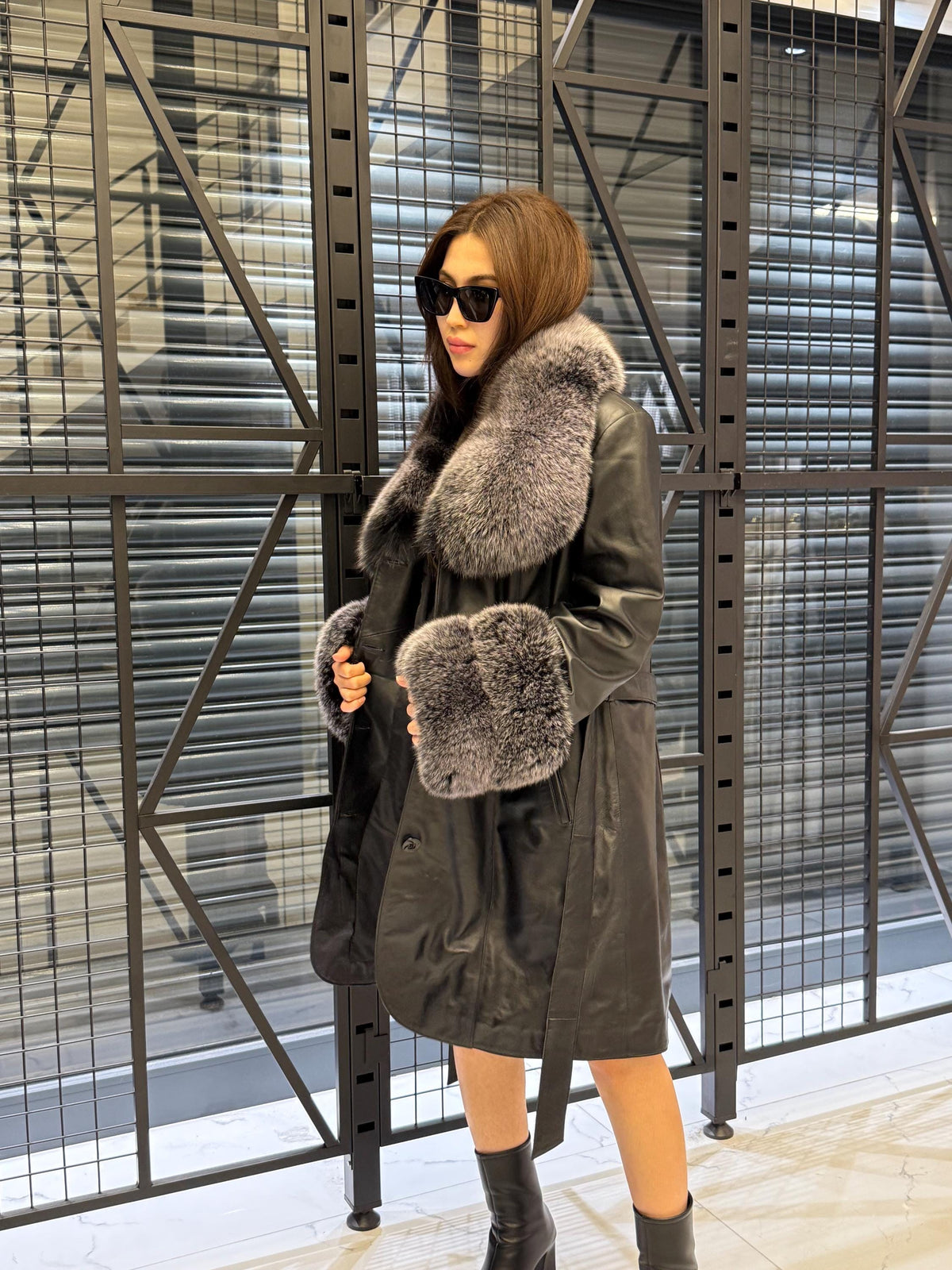 Handmade Black Leather Coat For Women, Collar Cuffs - Frost Fox Fur Jacket