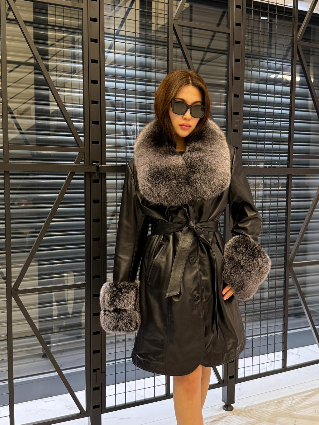 Handmade Black Leather Coat For Women, Collar Cuffs - Frost Fox Fur Jacket