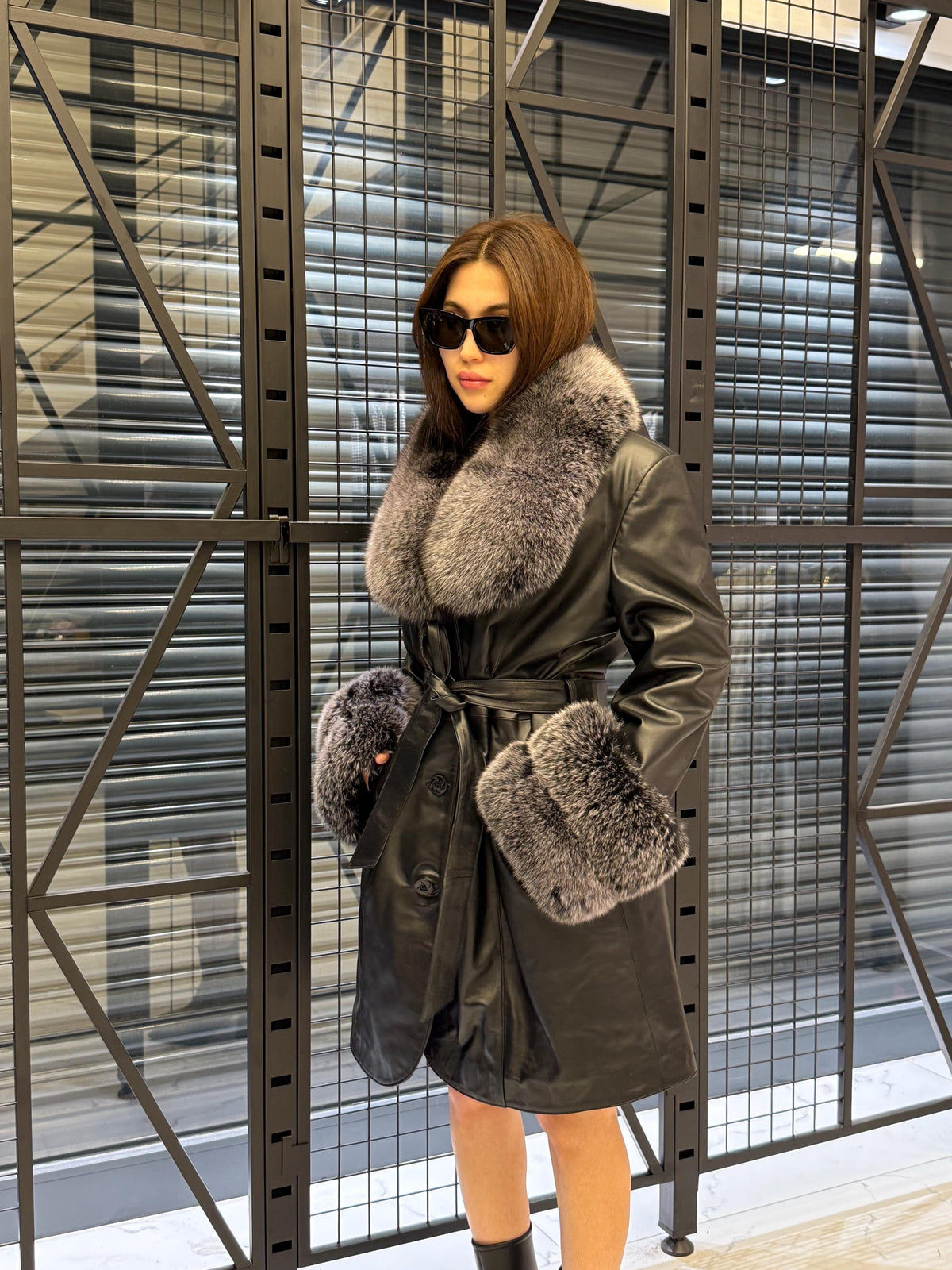 Handmade Black Leather Coat For Women, Collar Cuffs - Frost Fox Fur Jacket