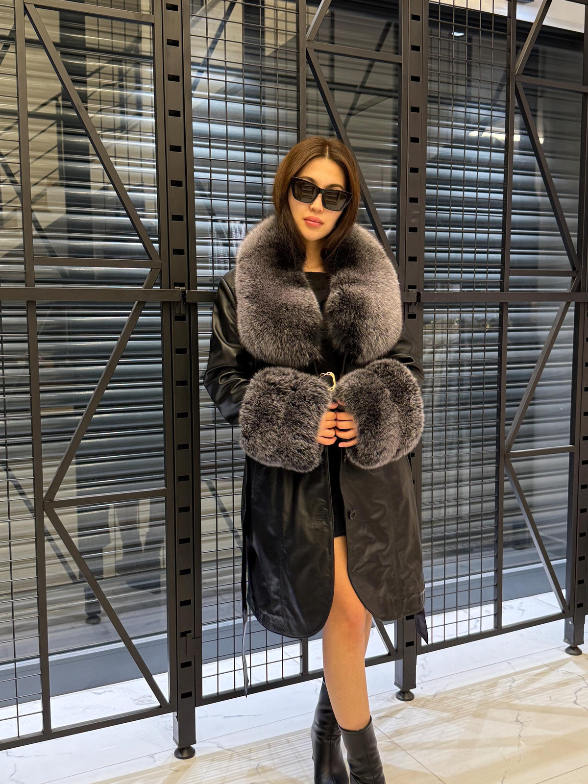 Handmade Black Leather Coat For Women, Collar Cuffs - Frost Fox Fur Jacket