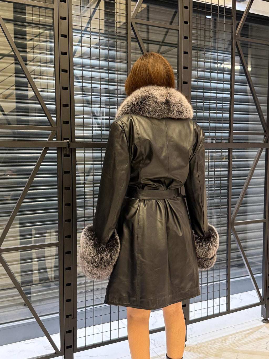 Handmade Black Leather Coat For Women, Collar Cuffs - Frost Fox Fur Jacket