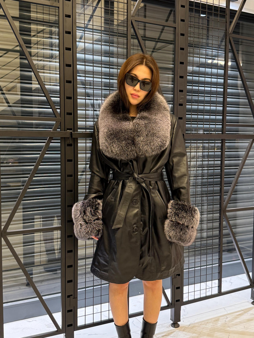 Handmade Black Leather Coat For Women, Collar Cuffs - Frost Fox Fur Jacket