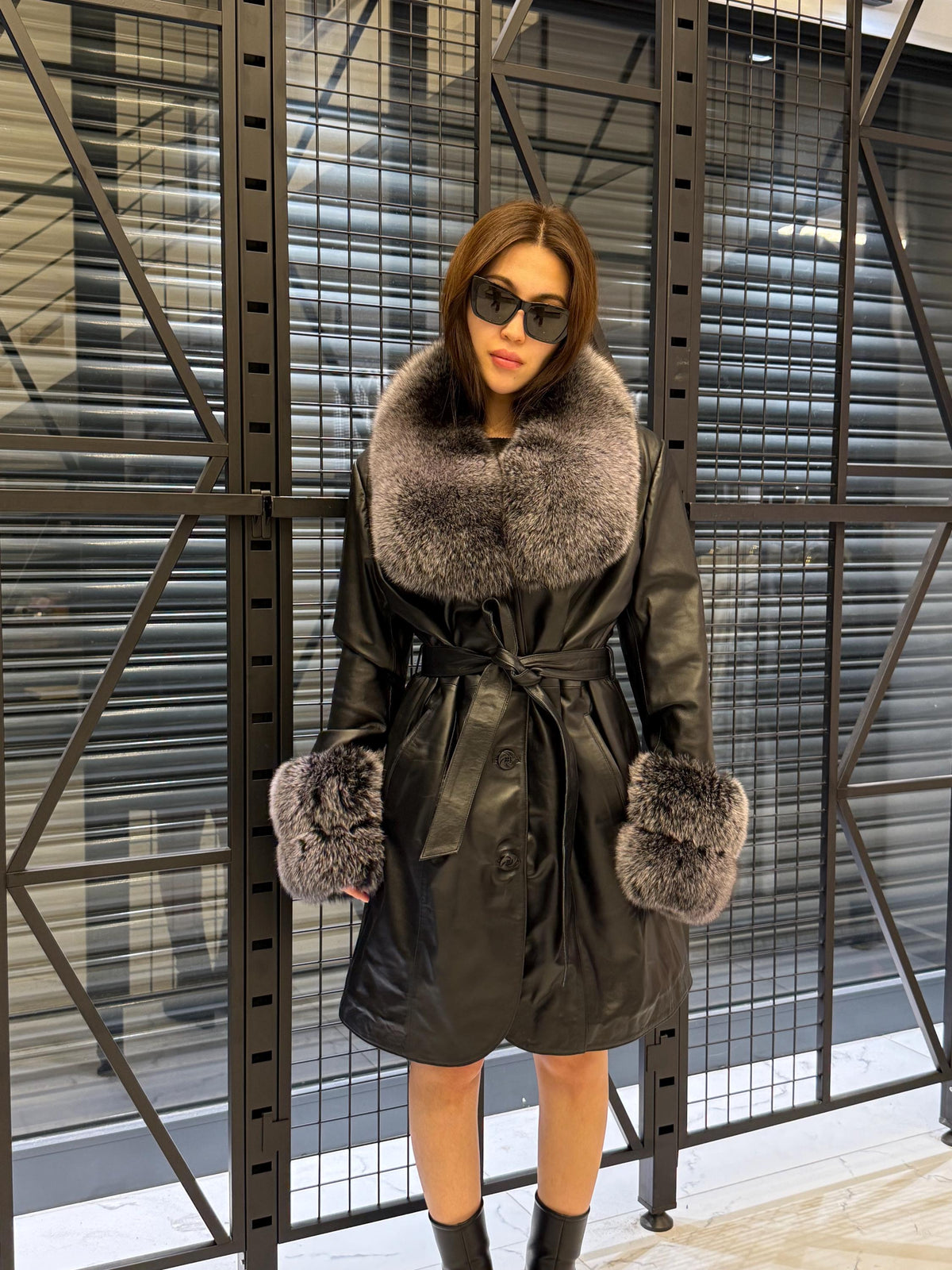 Handmade Black Leather Coat For Women, Collar Cuffs - Frost Fox Fur Jacket