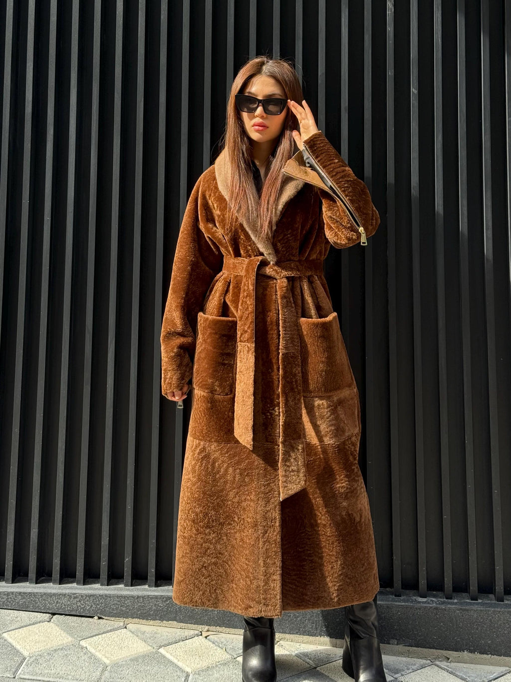 Camel Long Astrakhan Coat, Premium Women’s Collar Mink Fur Shearling Jacket. LIMITED EDITION