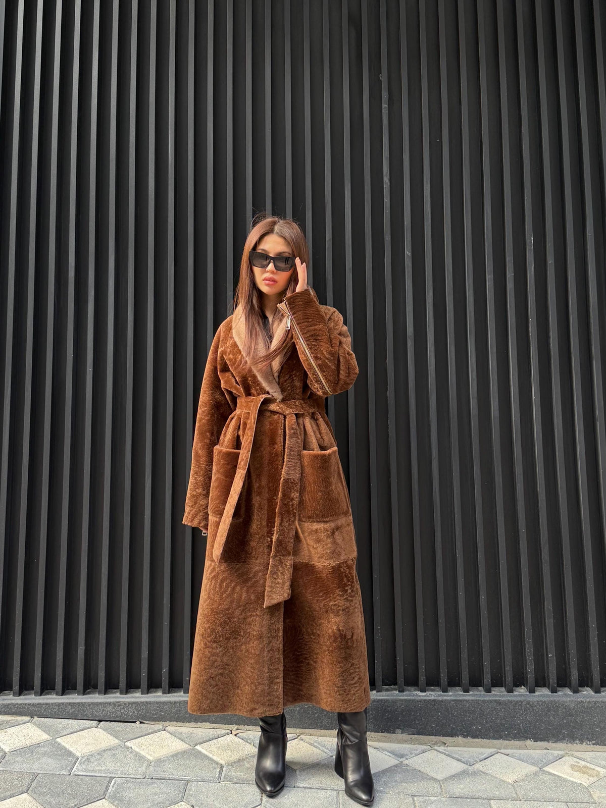 Camel Long Astrakhan Coat, Premium Women’s Collar Mink Fur Shearling Jacket. LIMITED EDITION
