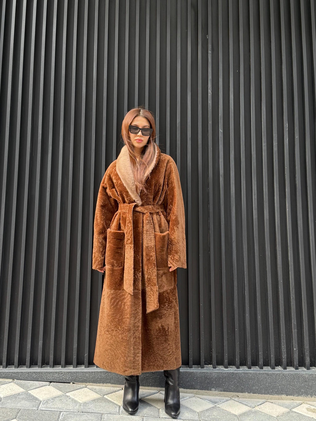 Camel Long Astrakhan Coat, Premium Women’s Collar Mink Fur Shearling Jacket. LIMITED EDITION