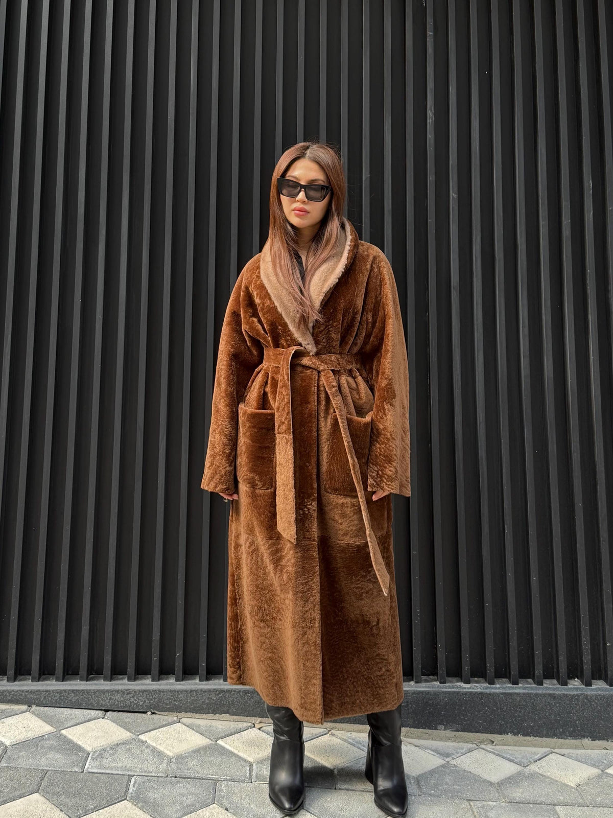 Camel Long Astrakhan Coat, Premium Women’s Collar Mink Fur Shearling Jacket. LIMITED EDITION