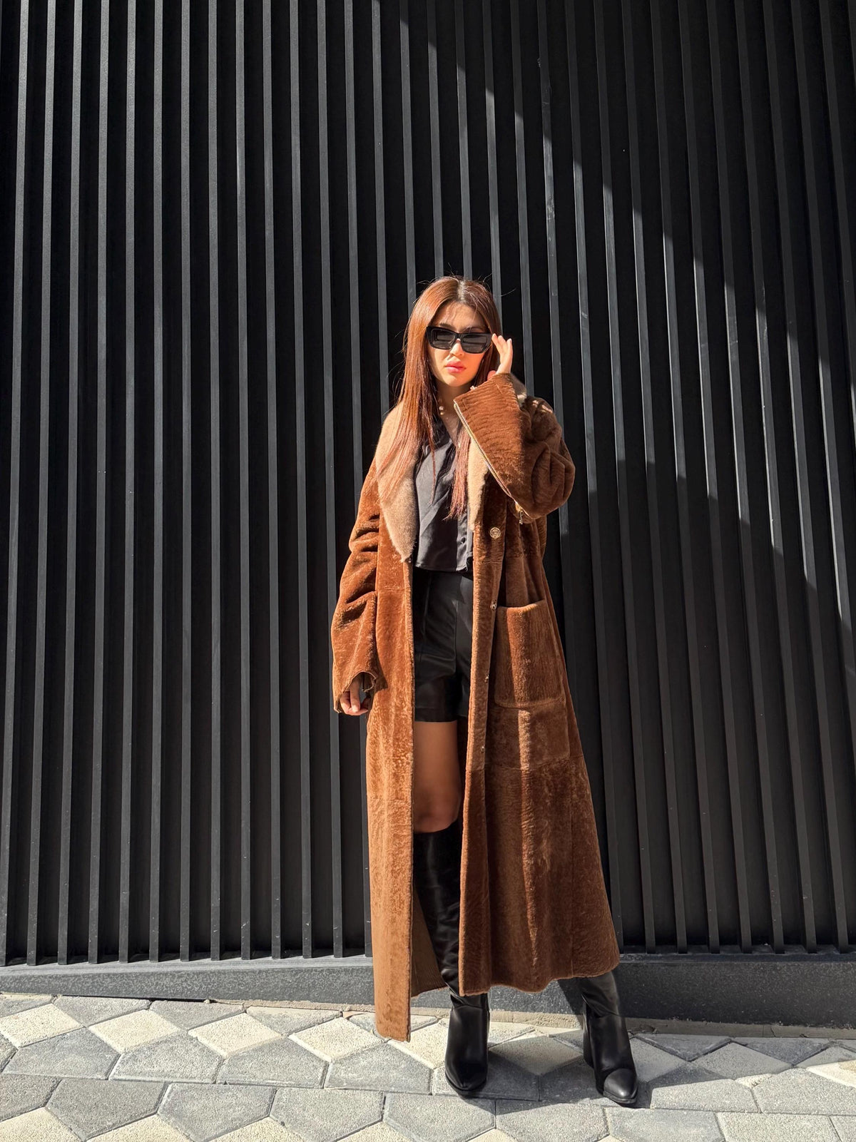 Camel Long Astrakhan Coat, Premium Women’s Collar Mink Fur Shearling Jacket. LIMITED EDITION