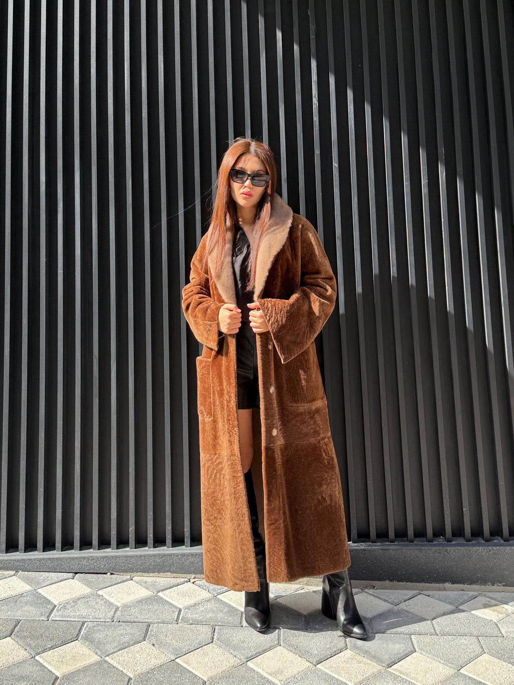 Camel Long Astrakhan Coat, Premium Women’s Collar Mink Fur Shearling Jacket. LIMITED EDITION