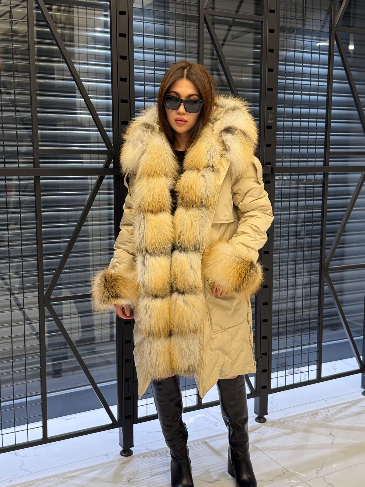 Beige Parka Puffer Coat, Women’s Hooded Front Cuffs Gold Fox Fur Jacket