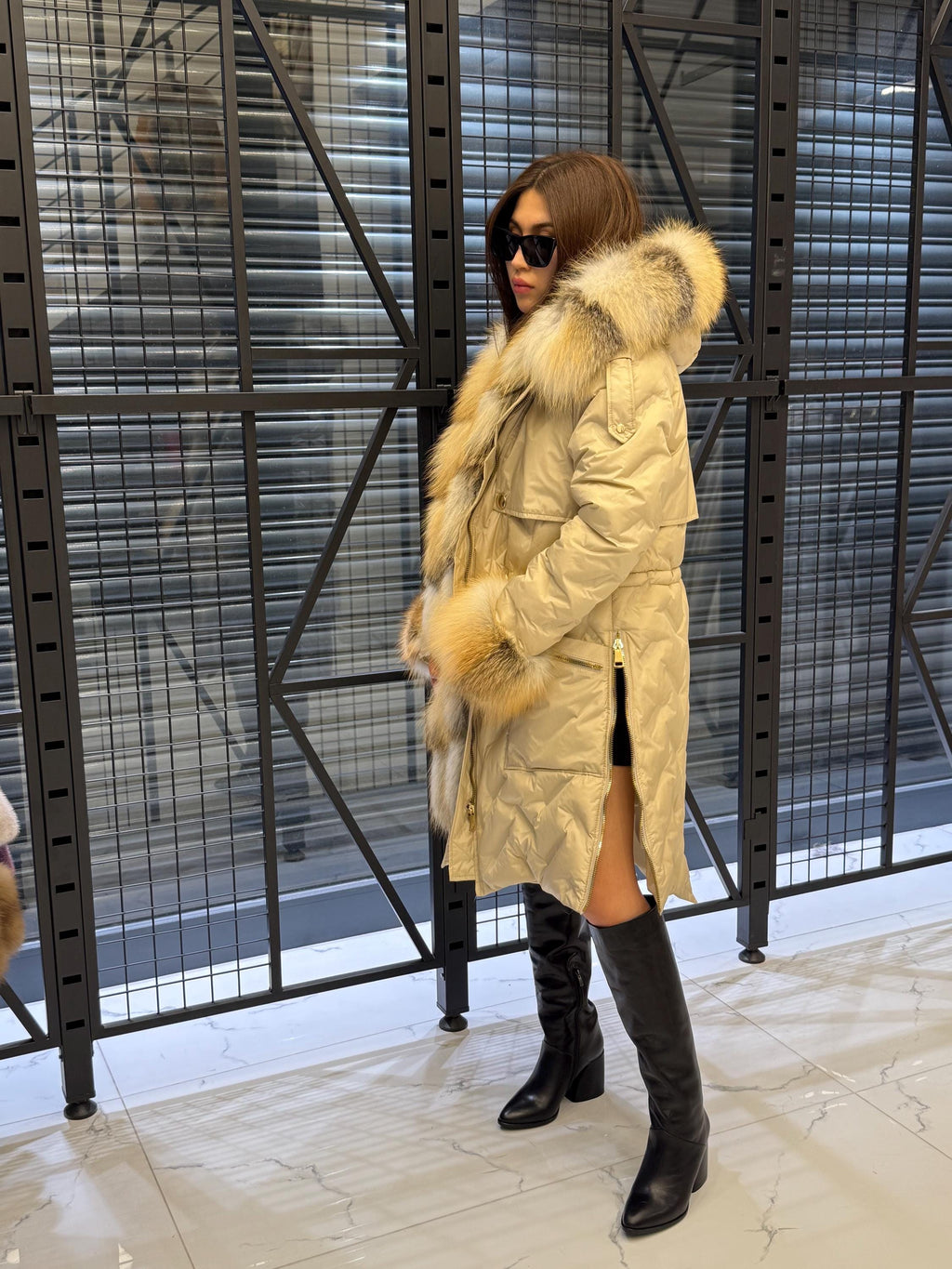 Beige Parka Puffer Coat, Women’s Hooded Front Cuffs Gold Fox Fur Jacket