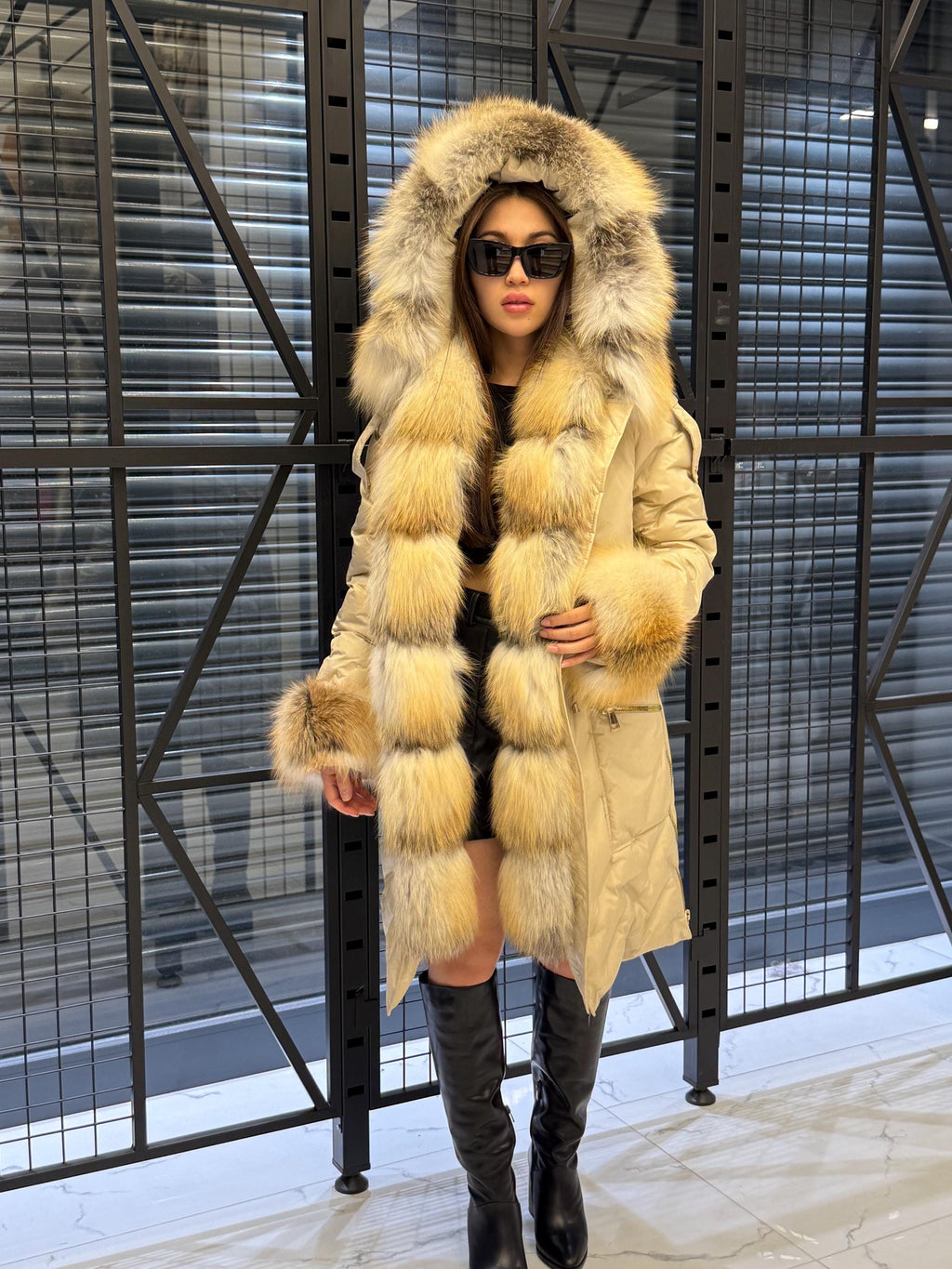 Beige Parka Puffer Coat, Women’s Hooded Front Cuffs Gold Fox Fur Jacket