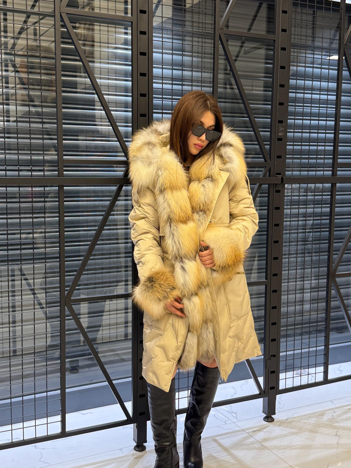 Beige Parka Puffer Coat, Women’s Hooded Front Cuffs Gold Fox Fur Jacket