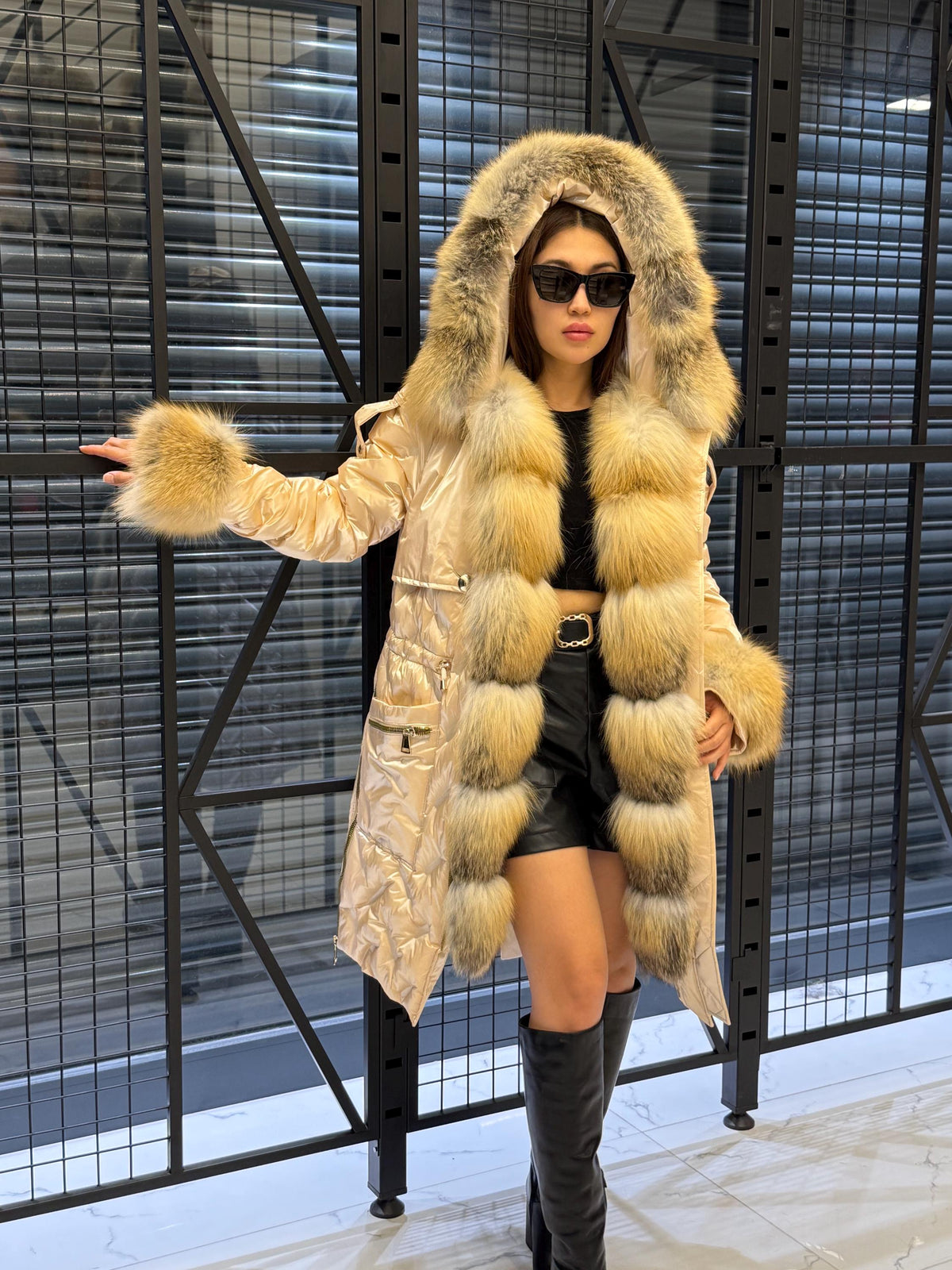 Glam Beige Parka Puffer Coat, Women’s Hooded Front Cuffs Gold Fox Fur Jacket