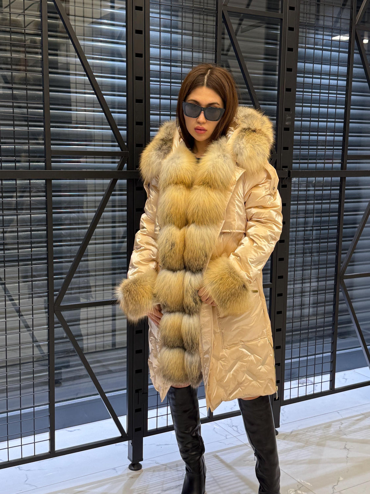 Glam Beige Parka Puffer Coat, Women’s Hooded Front Cuffs Gold Fox Fur Jacket