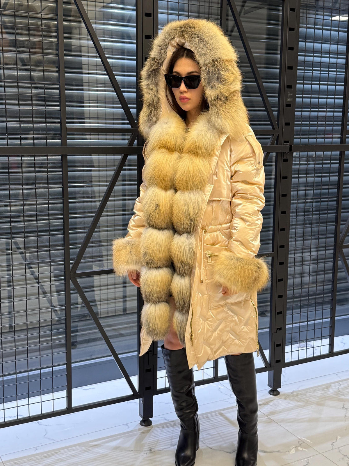 Glam Beige Parka Puffer Coat, Women’s Hooded Front Cuffs Gold Fox Fur Jacket