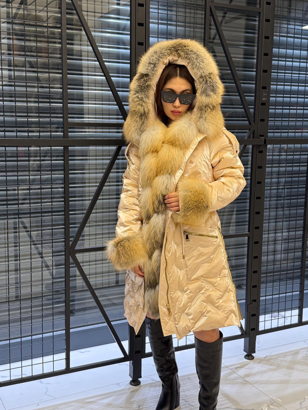 Glam Beige Parka Puffer Coat, Women’s Hooded Front Cuffs Gold Fox Fur Jacket