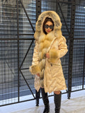 Glam Beige Parka Puffer Coat, Women’s Hooded Front Cuffs Gold Fox Fur Jacket