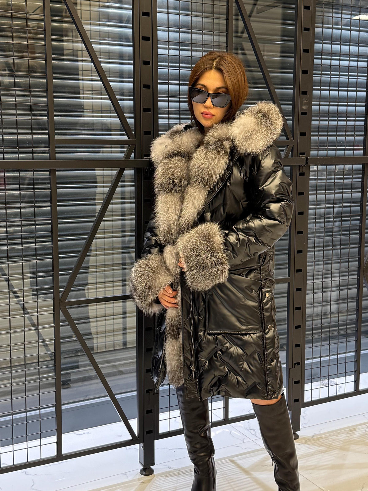 Black Parka Puffer Coat, Hood Front Fox Fur Jacket, Women Fox Fur Jacket - Frost Fox Fur, Cuffs Fox Fur Coat