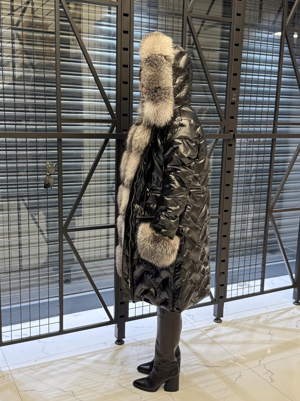 Black Parka Puffer Coat, Hood Front Fox Fur Jacket, Women Fox Fur Jacket - Frost Fox Fur, Cuffs Fox Fur Coat