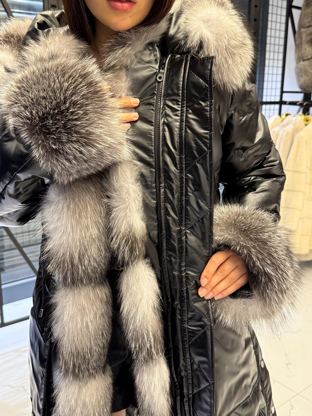 Black Parka Puffer Coat, Hood Front Fox Fur Jacket, Women Fox Fur Jacket - Frost Fox Fur, Cuffs Fox Fur Coat