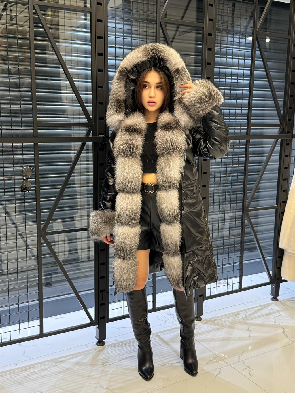 Black Parka Puffer Coat, Hood Front Fox Fur Jacket, Women Fox Fur Jacket - Frost Fox Fur, Cuffs Fox Fur Coat
