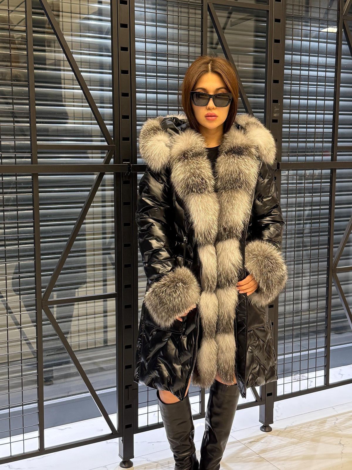 Black Parka Puffer Coat, Hood Front Fox Fur Jacket, Women Fox Fur Jacket - Frost Fox Fur, Cuffs Fox Fur Coat