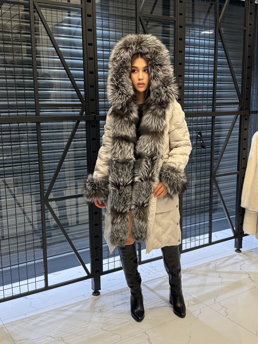 Gray Parka Puffer Coat, Women’s Hooded Front Cuffs Frost Fox Fur Jacket