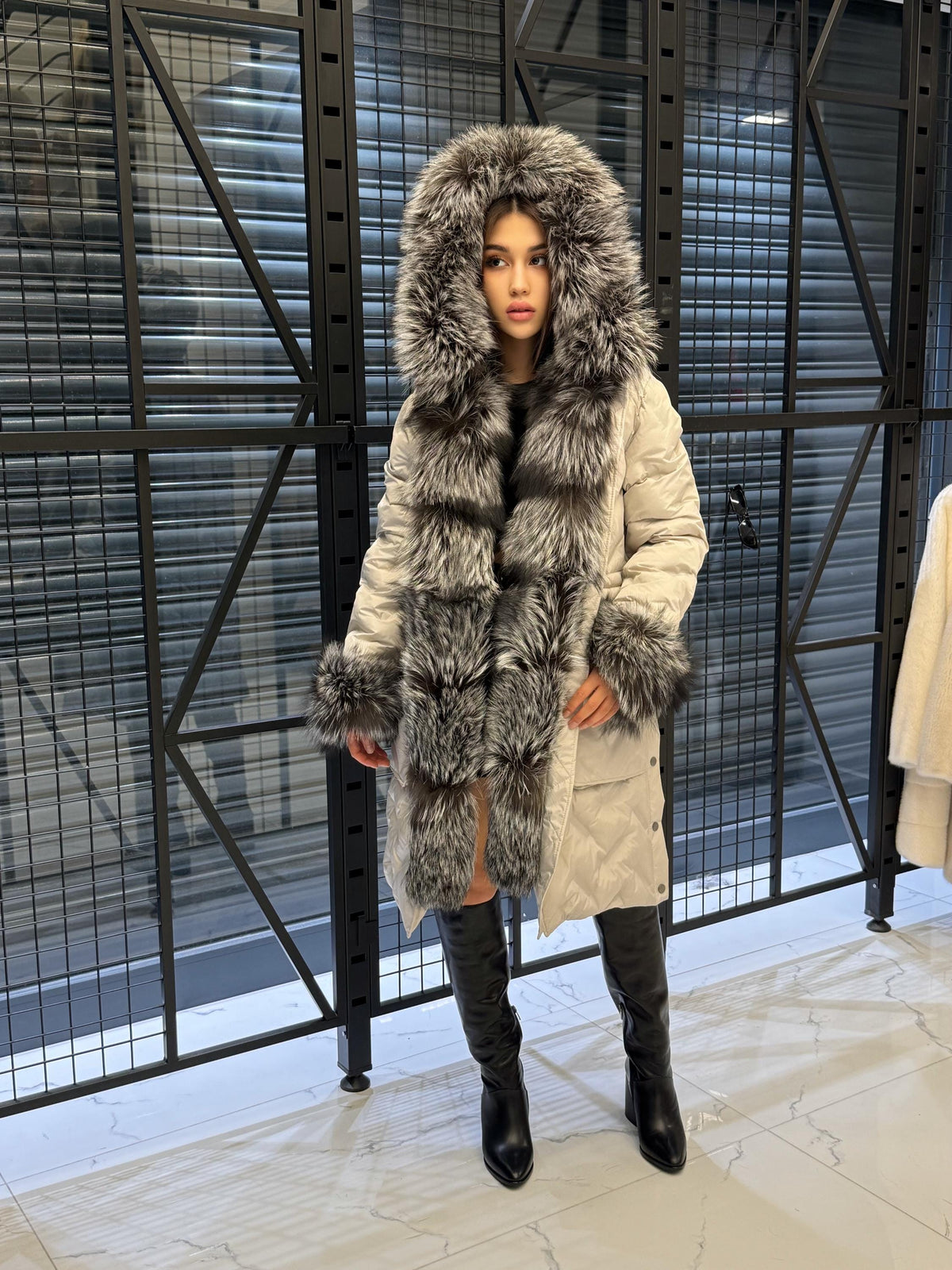 Gray Parka Puffer Coat, Women’s Hooded Front Cuffs Frost Fox Fur Jacket
