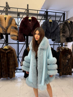 Turquoise Cashmere Cape With Fur Trim, Women’s Wool Shawl Front Skirt - Fox Fur Jacket