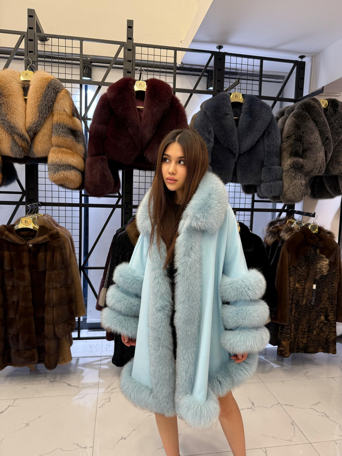 Turquoise Cashmere Cape With Fur Trim, Women’s Wool Shawl Front Skirt - Fox Fur Jacket
